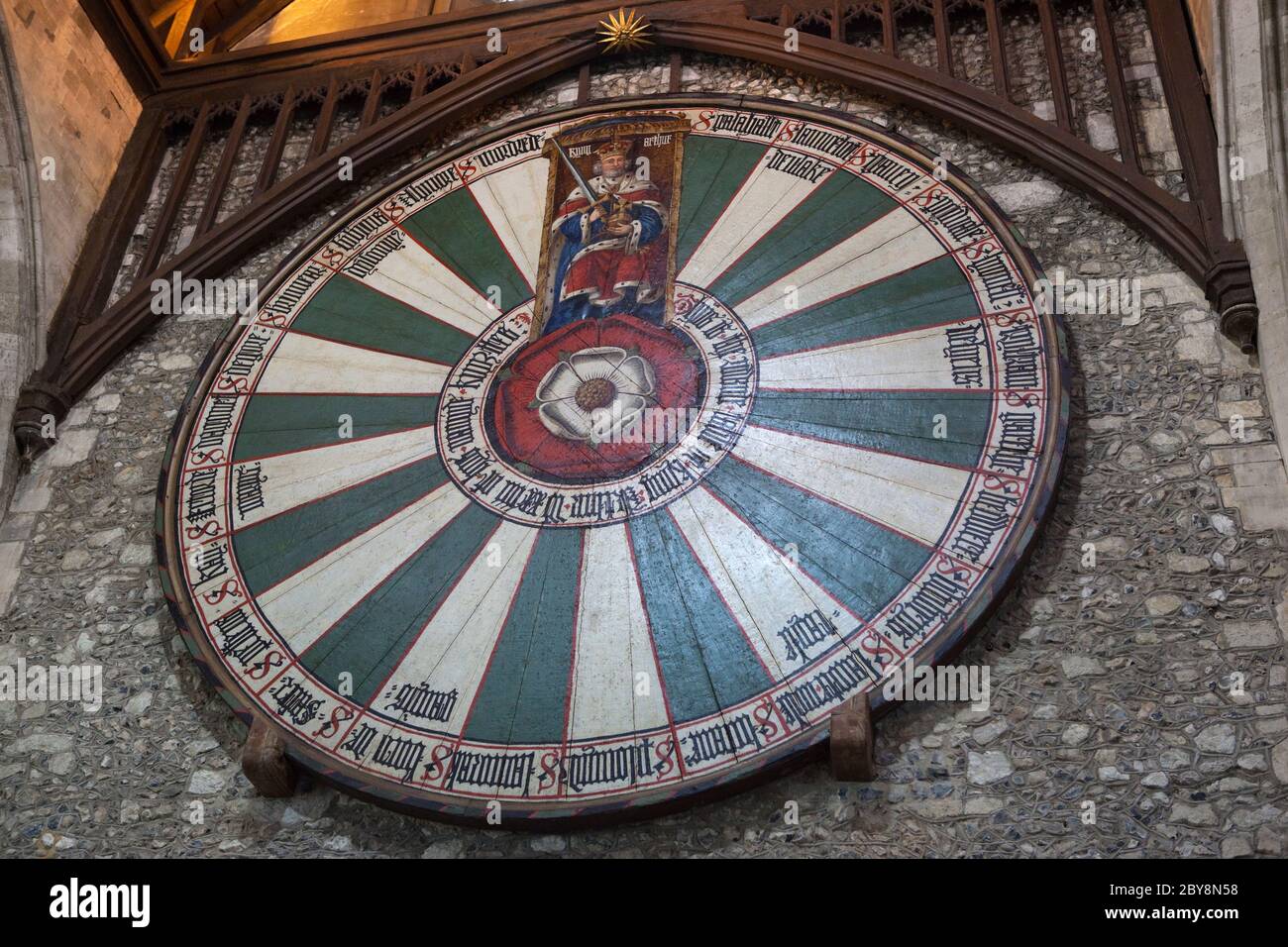 King Arthur`s Round Table inside The Great Hall, Winchester, Hampshire, England, United Kingdom Stock Photo
